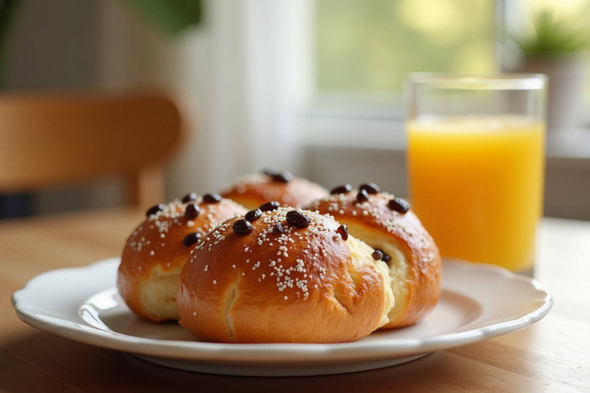 Pain aux raisins frais sur une assiette en céramique blanche