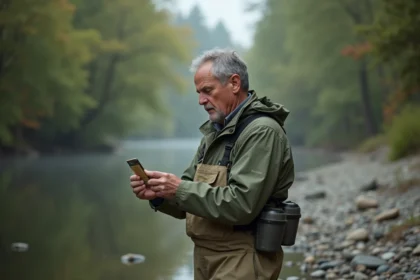 Pêcheur adulte examinant sa carte de pêche au bord d'une rivière calme