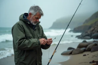 Pêcheur assemblant un montage bar minimaliste pour le surfcasting sur une plage rocheuse atlantique