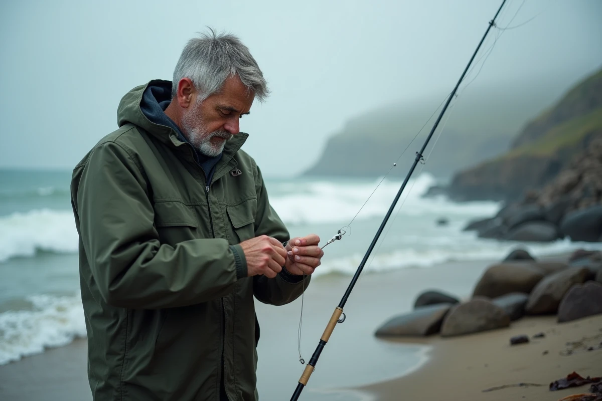 Pêcheur assemblant un montage bar minimaliste pour le surfcasting sur une plage rocheuse atlantique