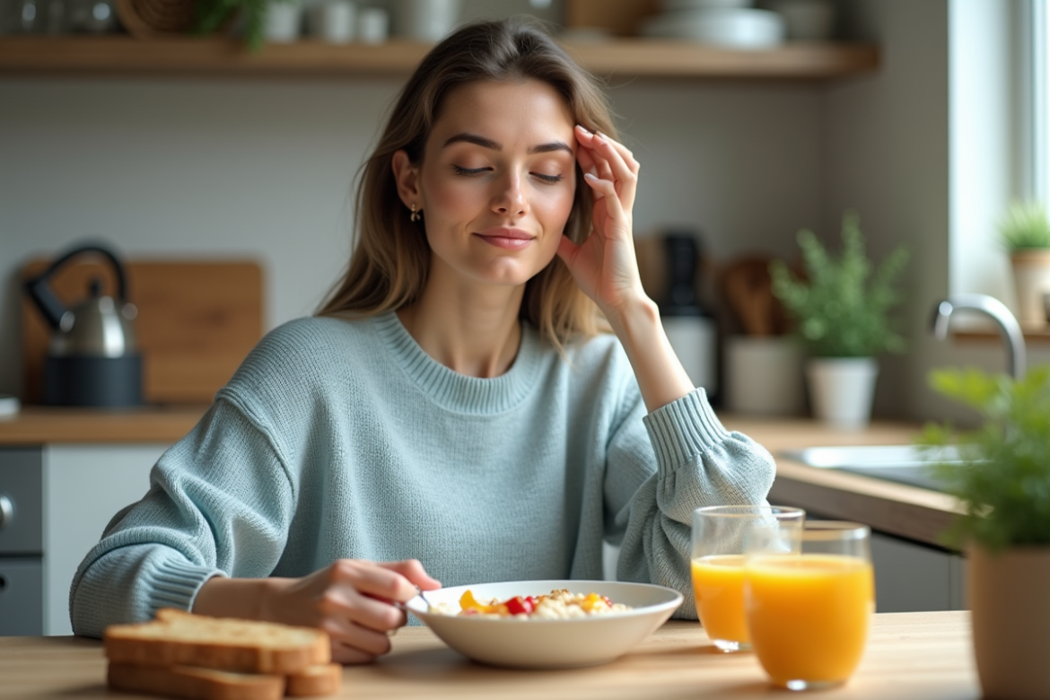 Jeune femme mangeant un petit déjeuner sain dans une cuisine lumineuse