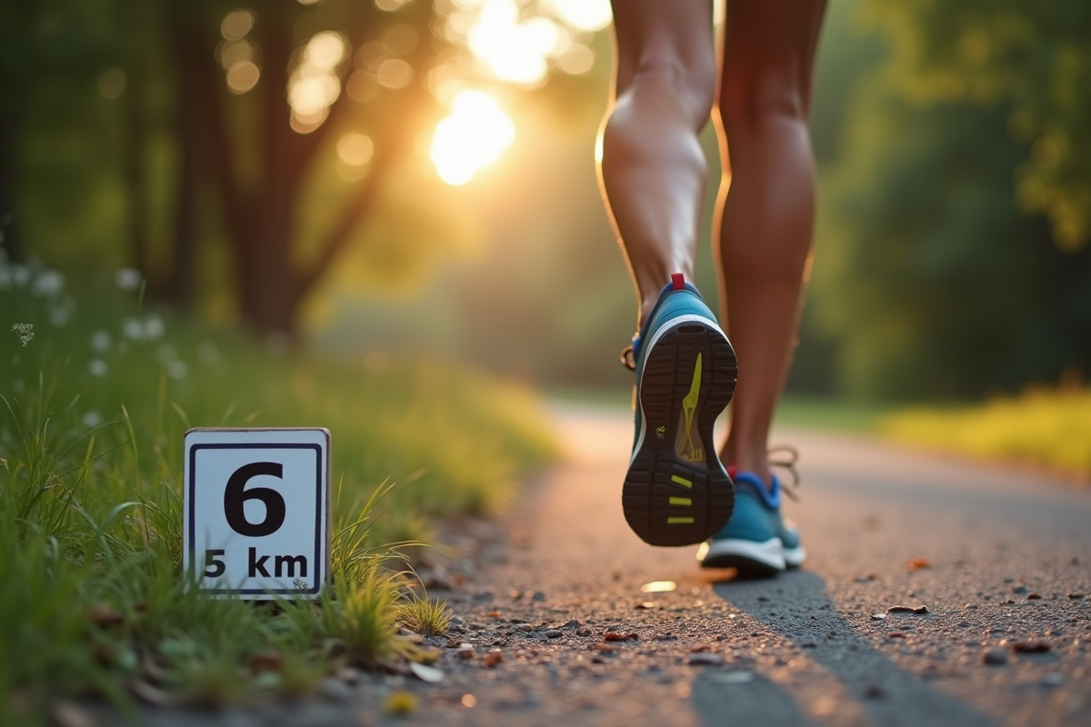 Pieds en chaussures de course sur un sentier de parc avec panneau kilométrique