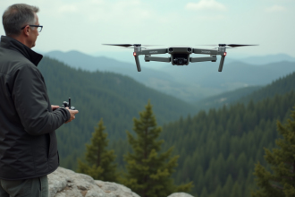 Homme avec drone industriel sur fond de forêt et montagnes