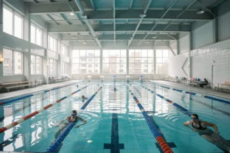 Piscine Jules Vernes Nantes vue intérieure des couloirs de natation avec nageurs adultes