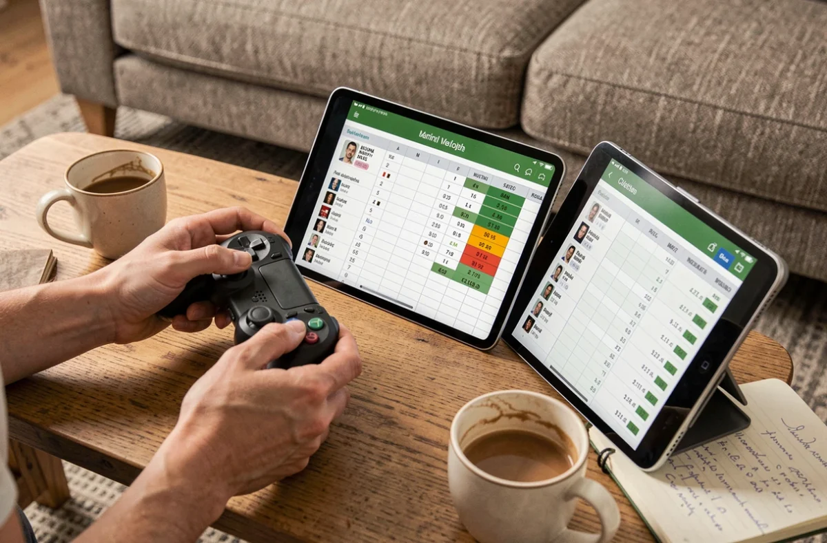 Mains tenant une manette de jeu avec un tableau de bord de valeurs de cartes DCE FC 25 rentables sur une tablette