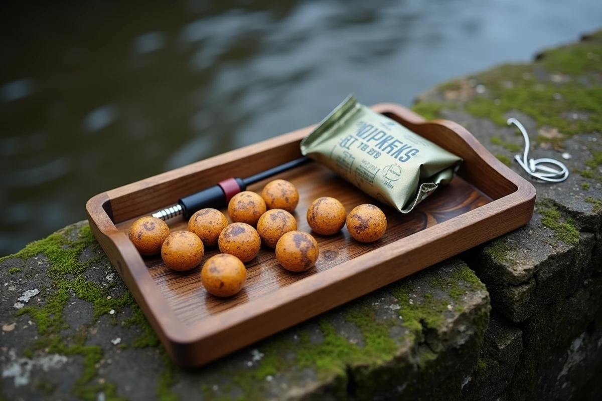 Plateau de bouillettes et montage carpe pour pêche mobile en rivière