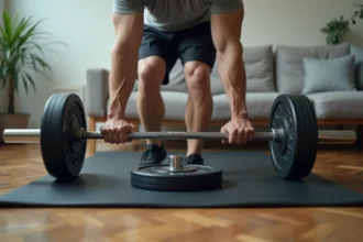 Homme chargeant des poids en caoutchouc sur une barre de musculation posée sur un tapis de protection dans un appartement