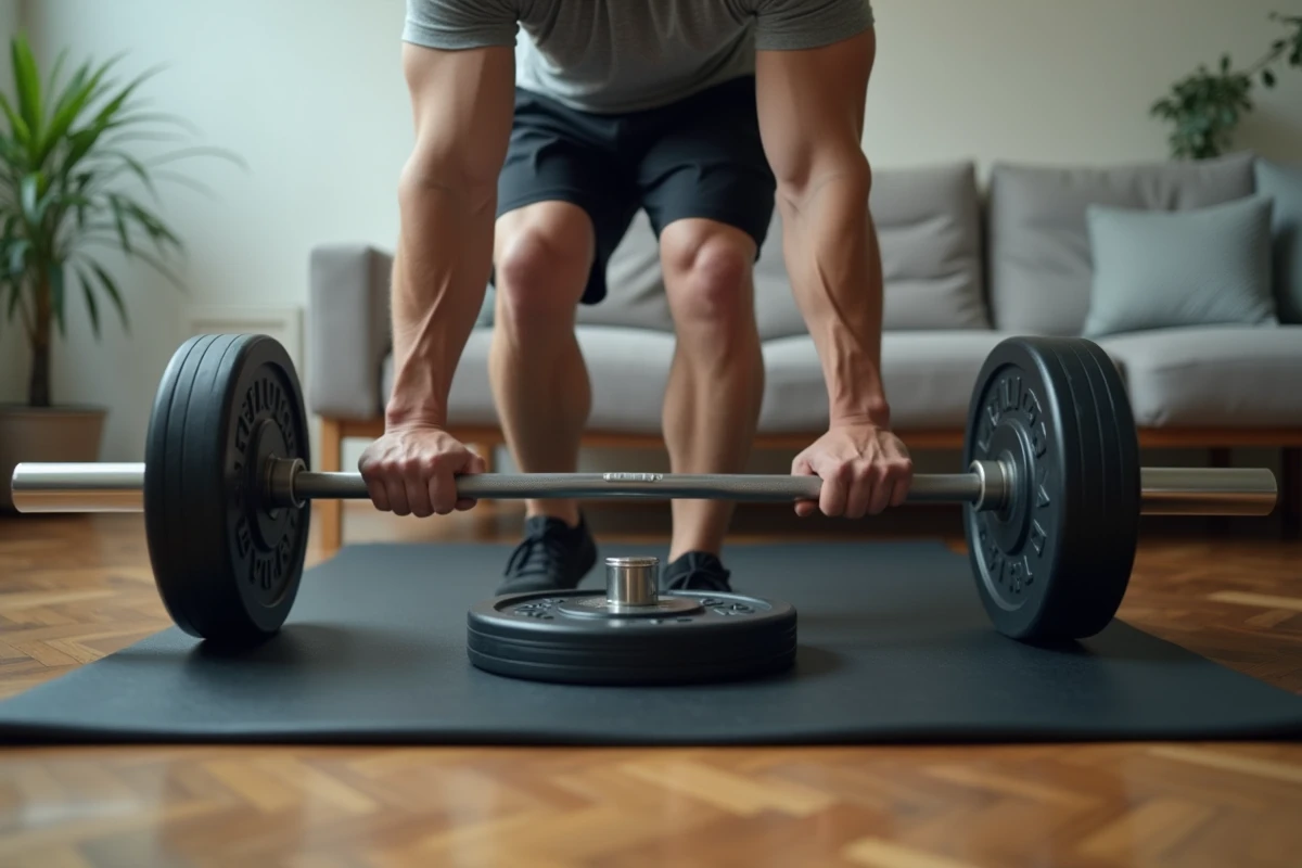 Homme chargeant des poids en caoutchouc sur une barre de musculation posée sur un tapis de protection dans un appartement