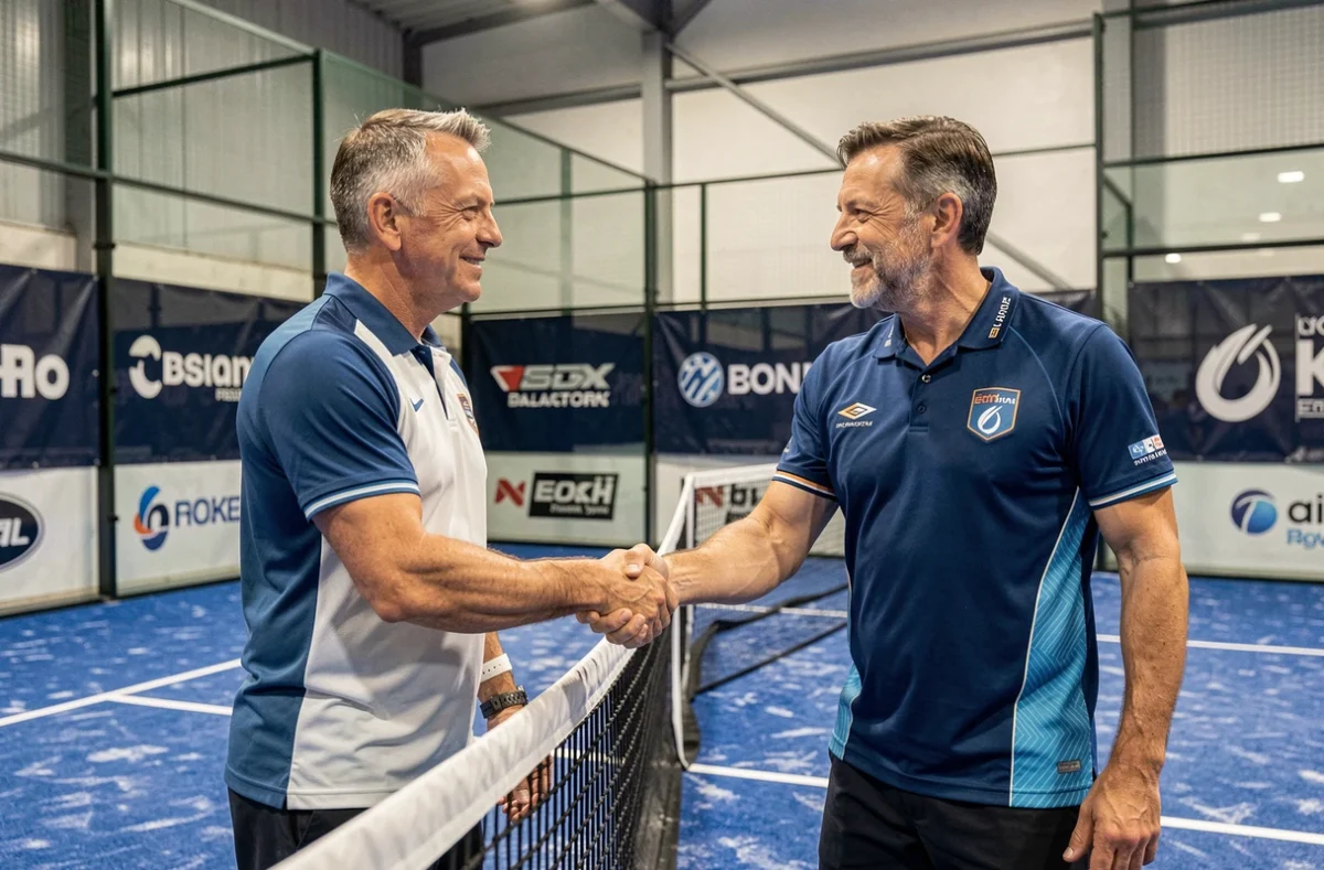 Deux joueurs de padel se serrant la main au filet après un match de tournoi P250 sur un court indoor, symbole de compétition et de fair-play entre classements