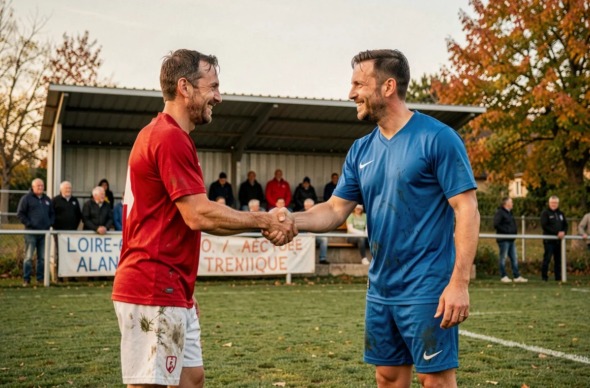 Deux joueurs du championnat de district 44 se serrant la main à la fin d'un match de football amateur dans un stade de village en Loire-Atlantique