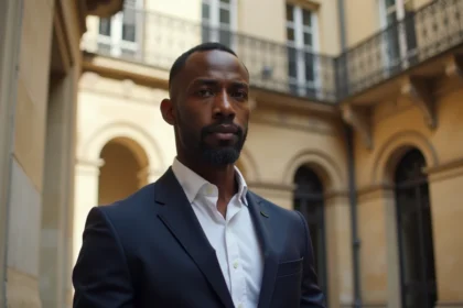 Portrait d'un homme français d'origine africaine en blazer marine dans une cour parisienne, illustrant l'ascension sociale et culturelle du nom Ewanje Epee en France