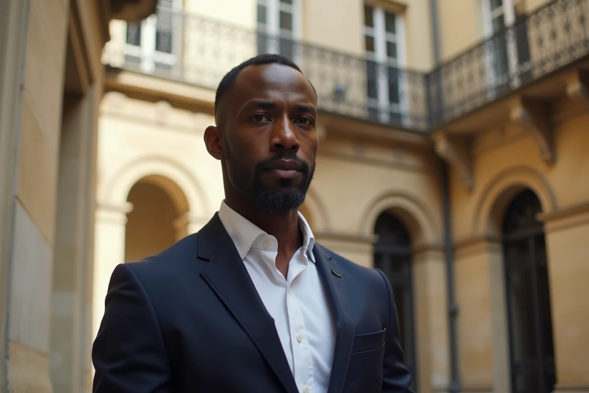 Portrait d'un homme français d'origine africaine en blazer marine dans une cour parisienne, illustrant l'ascension sociale et culturelle du nom Ewanje Epee en France