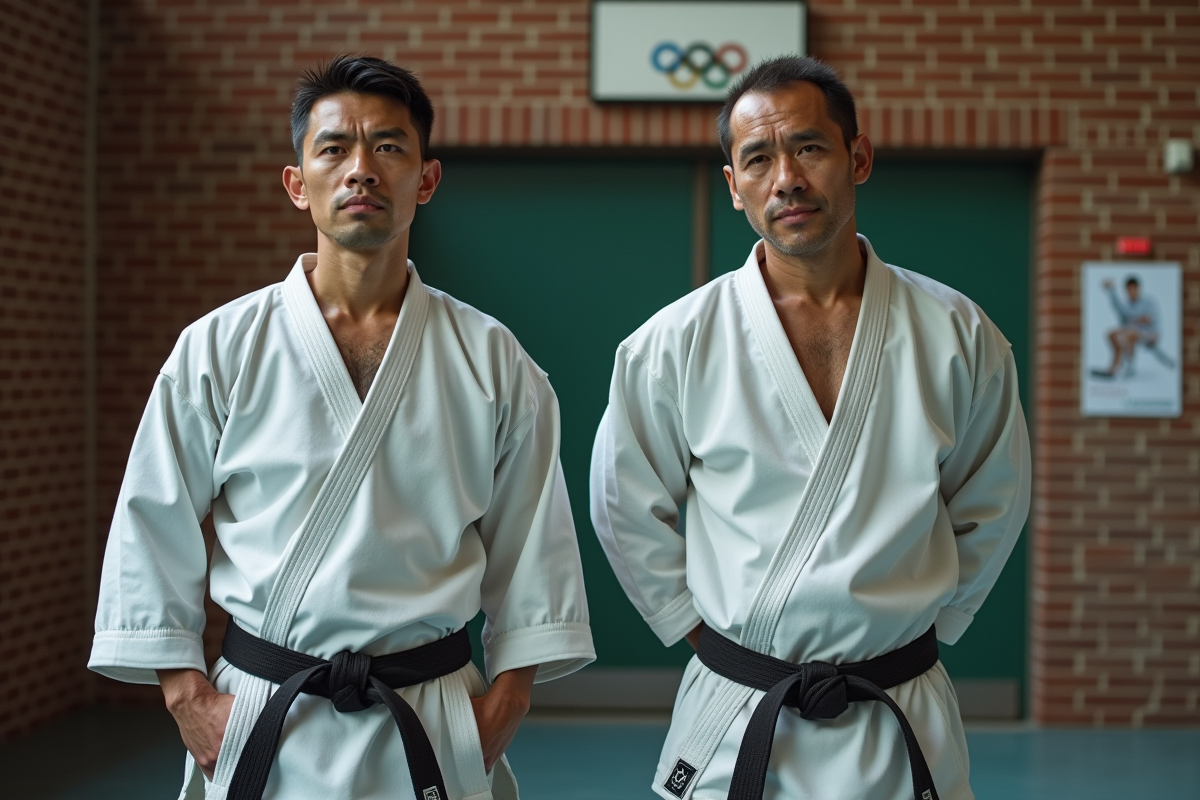 Deux hommes de karaté devant un mur en briques avec affiche olympique