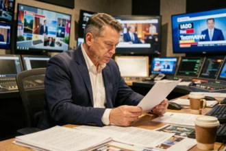 Producteur de télévision étudiant des scripts dans une salle de contrôle de studio pour le retour de Goldberg en 2026