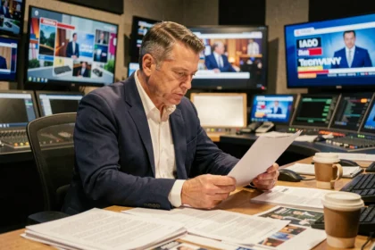 Producteur de télévision étudiant des scripts dans une salle de contrôle de studio pour le retour de Goldberg en 2026