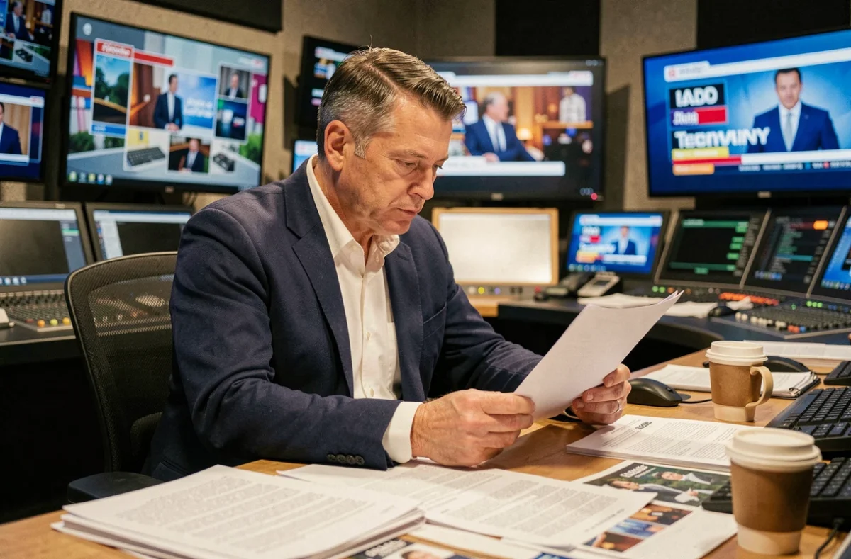 Producteur de télévision étudiant des scripts dans une salle de contrôle de studio pour le retour de Goldberg en 2026