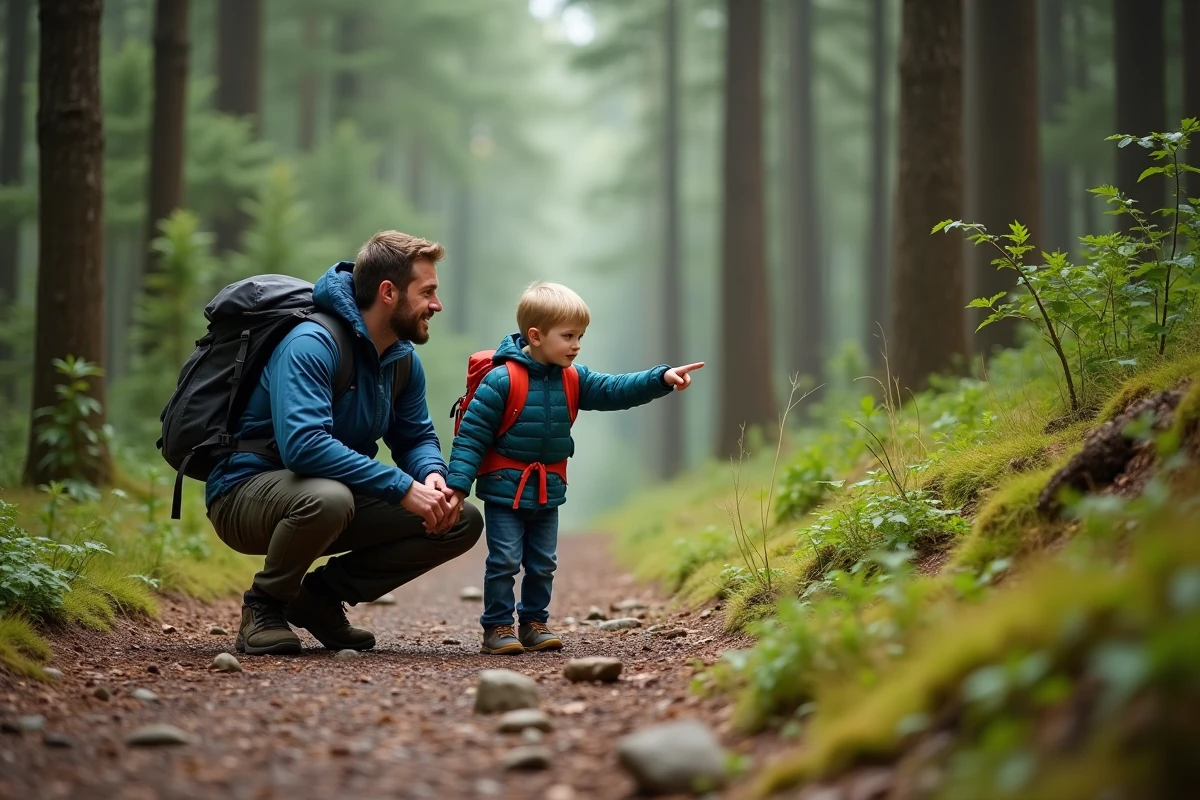 Père et fils de 11 ans en randonnée en forêt, cadeau d'expérience sportive et activité de plein air pour renforcer la complicité