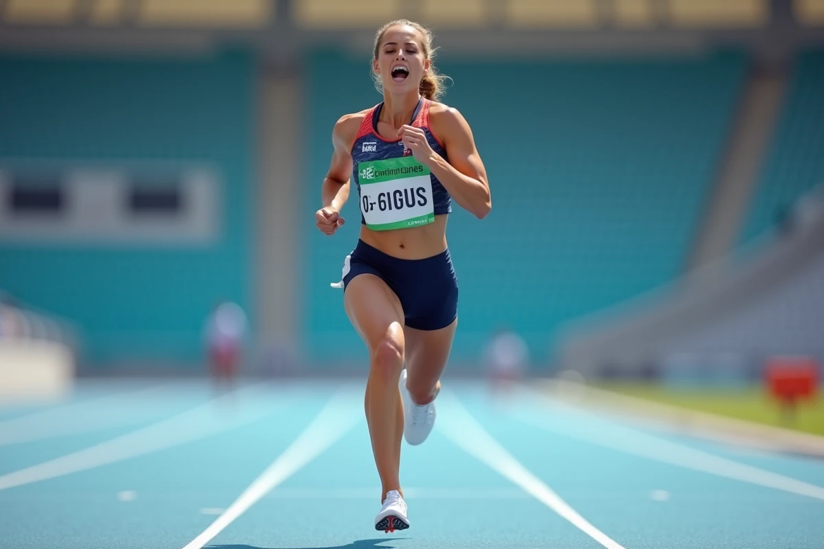 Athlète féminine en plein effort lors d'une course de 100 mètres dans un stade international d'athlétisme
