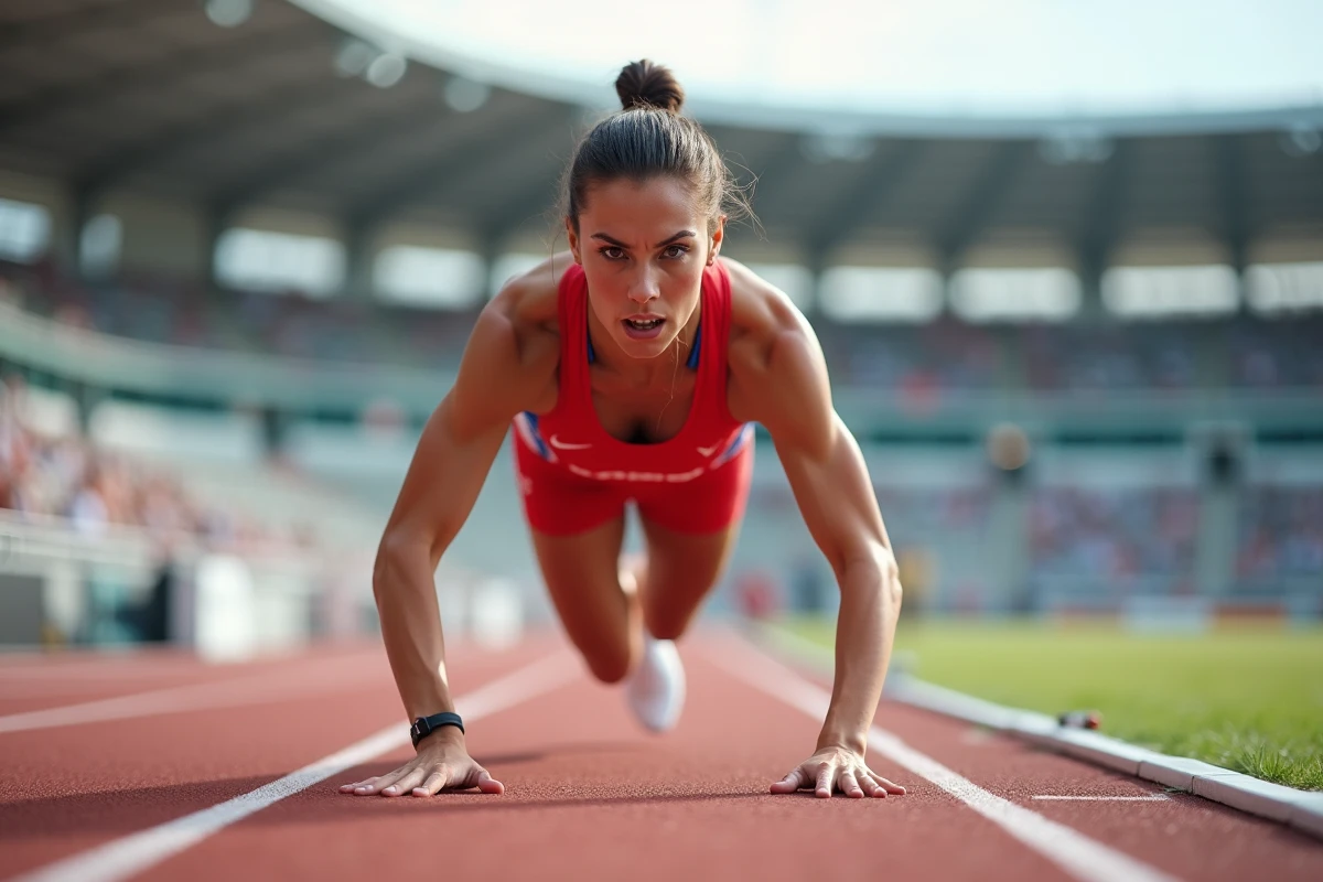 Sprinteuse féminine en position de départ sur une piste d'athlétisme lors d'une compétition internationale de 100 mètres