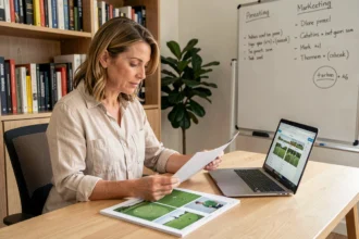 Rédactrice de contenu golf analysant une stratégie de blog pour vendre des cours en ligne