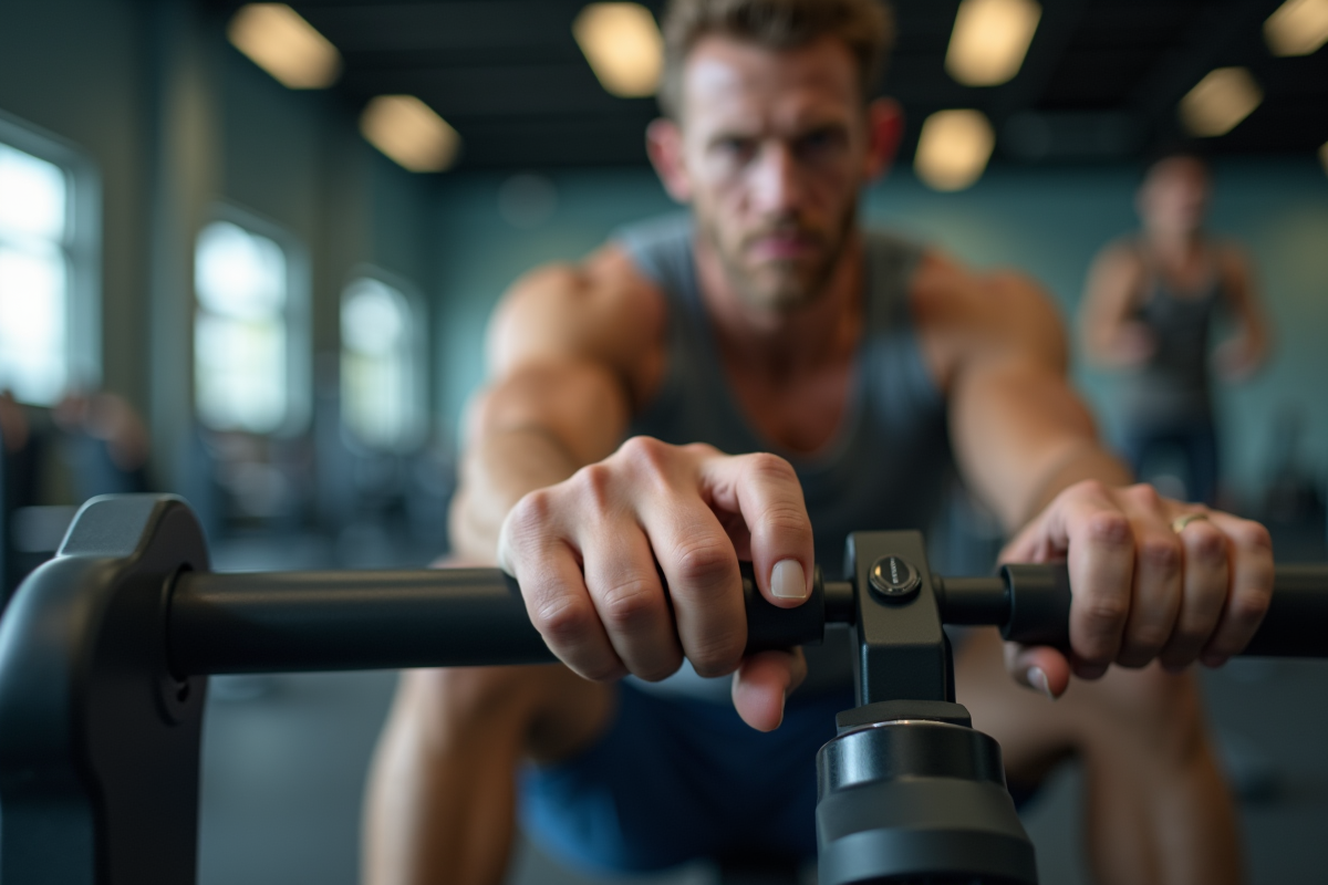 Main ajustant la résistance d’un rameur dans une salle de sport