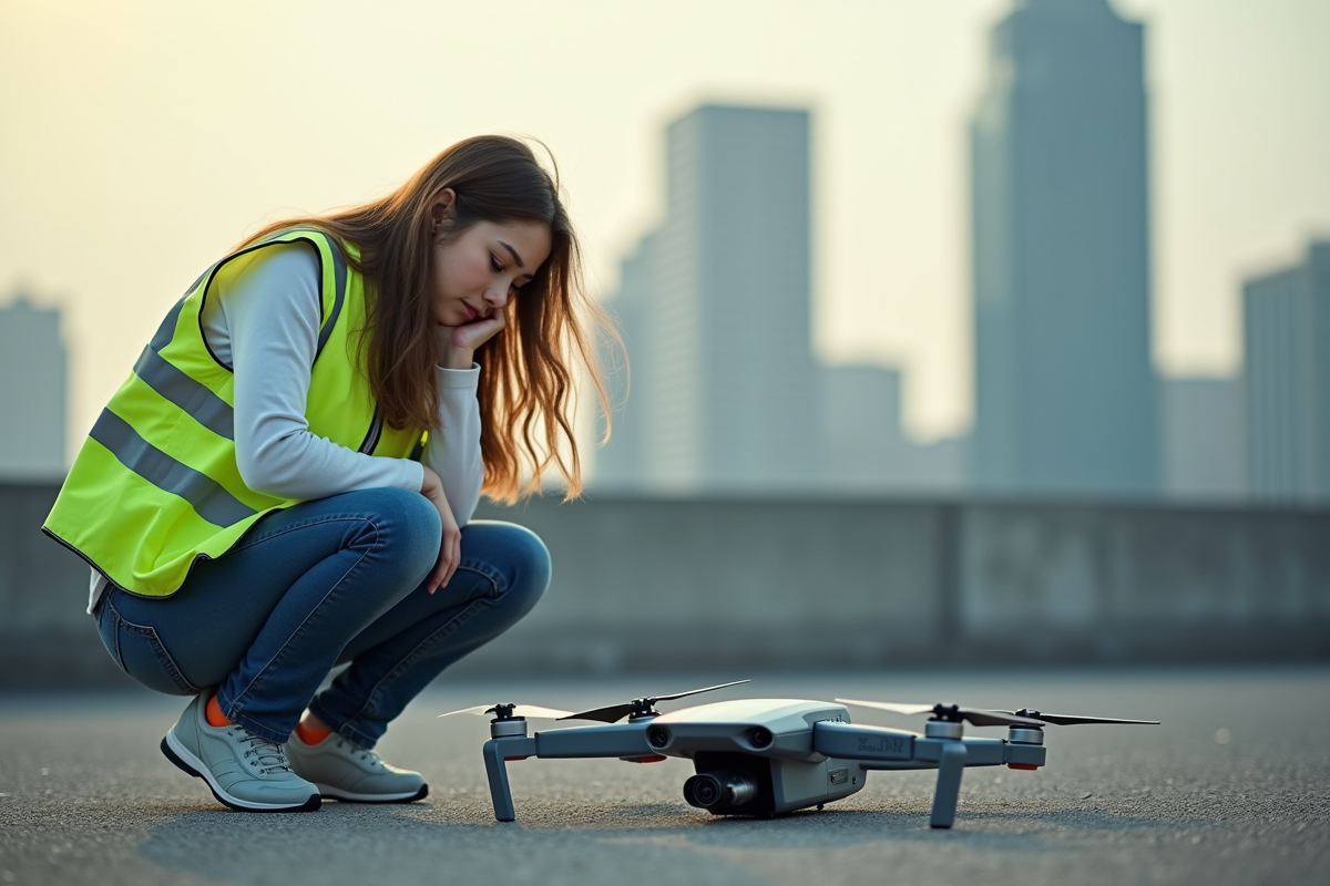 Jeune femme inspectant un drone endommagé sur un toit urbain
