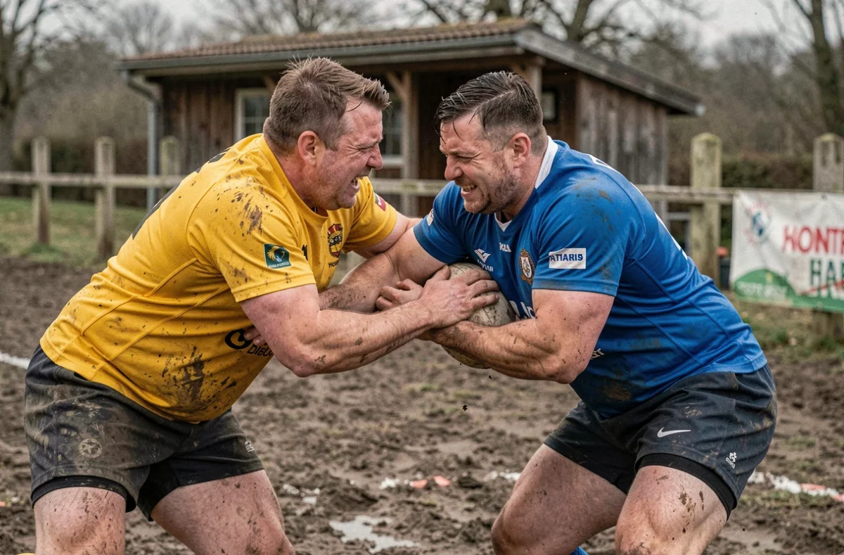 Deux joueurs de rugby s'affrontent dans un ruck lors d'un match de Fédérale 3 en France