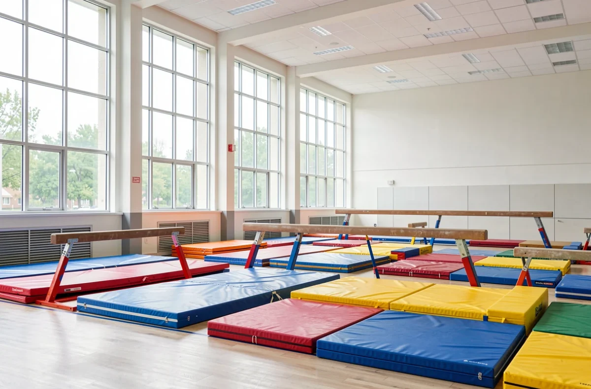 Salle de gymnastique lumineuse avec tapis et poutre