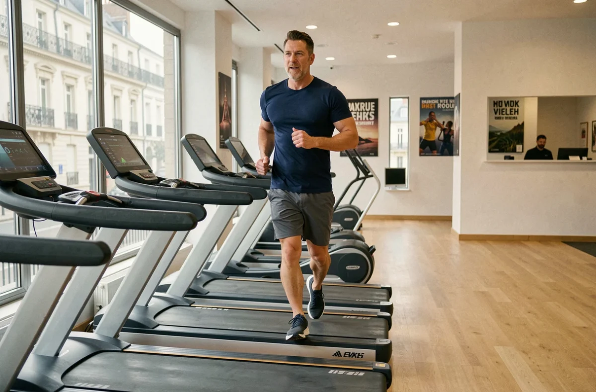 Homme sur un tapis de course dans une salle de sport lumineuse et moderne du Maine-et-Loire