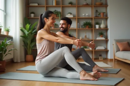 Deux jeunes adultes pratiquant le pilates en intérieur