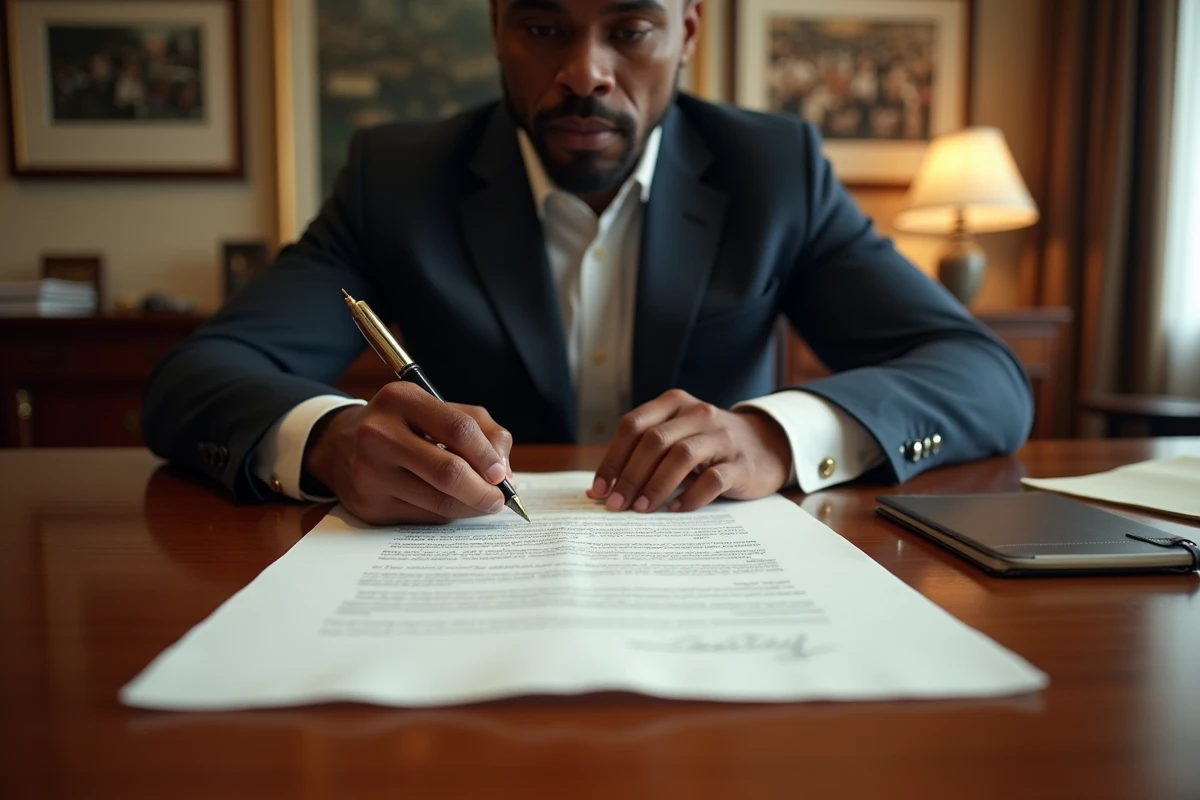 Boxeur signant un contrat dans un bureau élégant