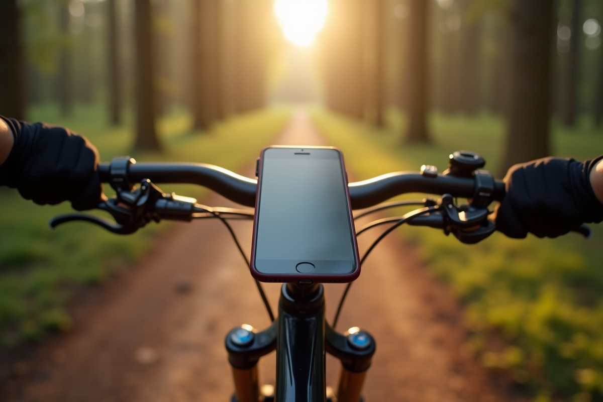 Téléphone fixé sur guidon de vélo en forêt matin