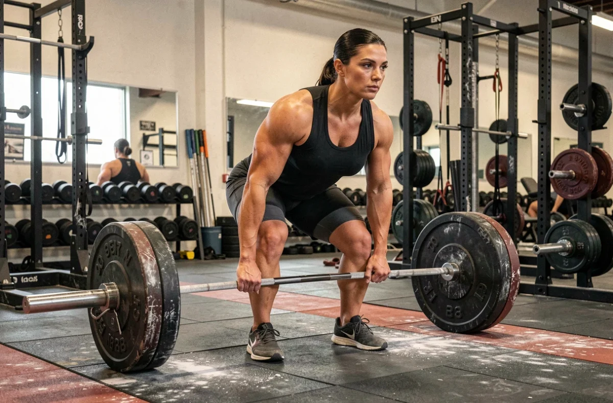 Athlète de force féminine en position de soulevé de terre dans une salle de musculation professionnelle