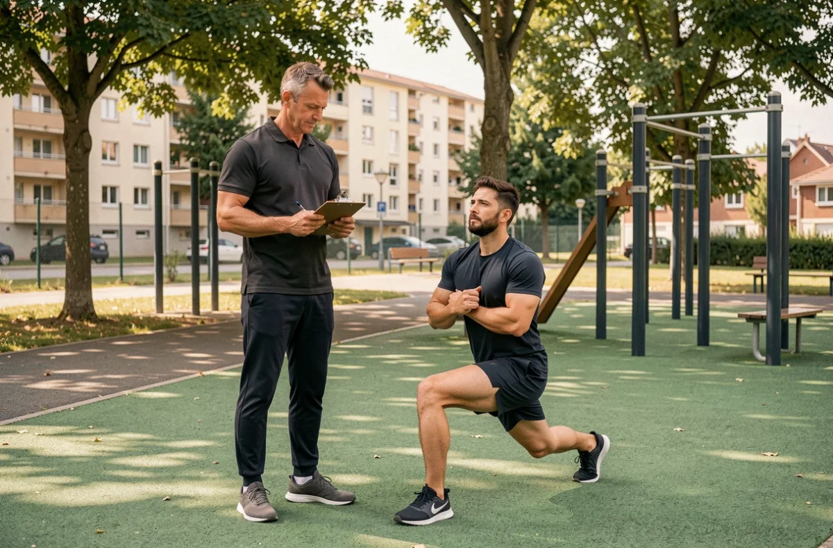 Coach Soun supervisant un exercice en plein air dans un parc de fitness à Évry