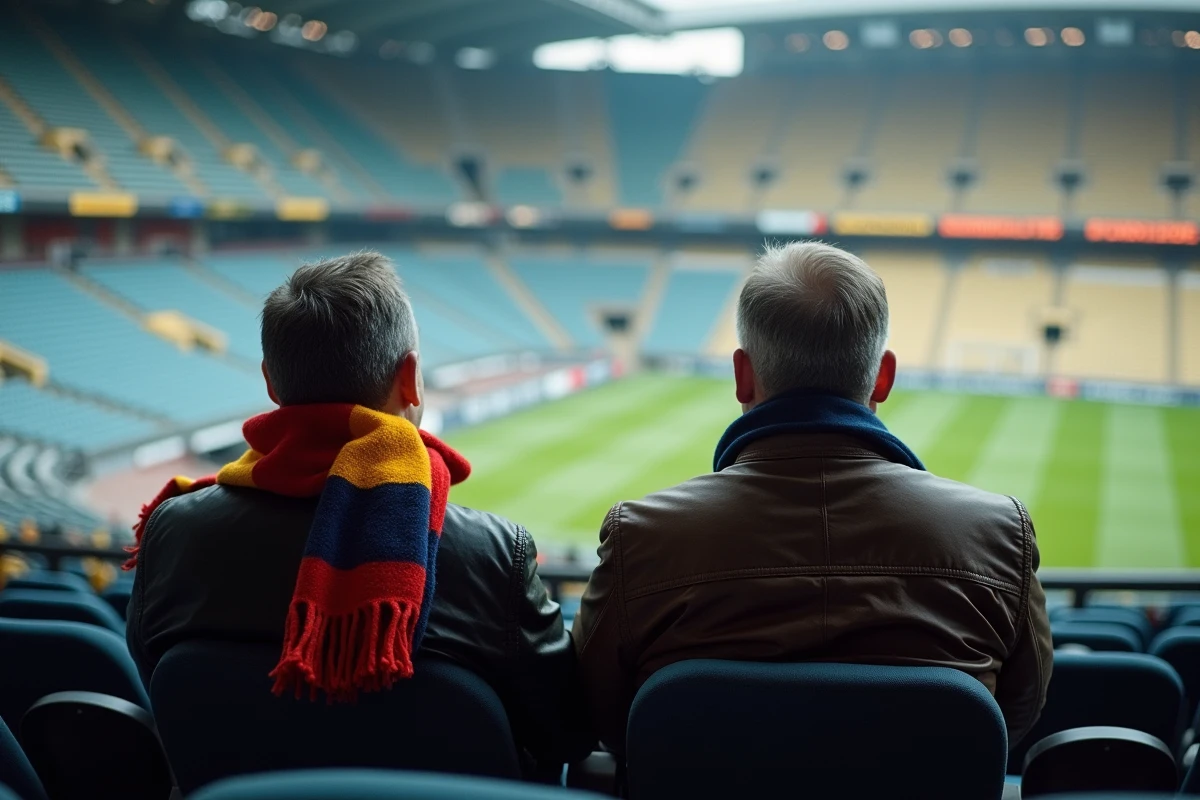 Deux hommes assis dans les gradins d une arena contemplant les sièges