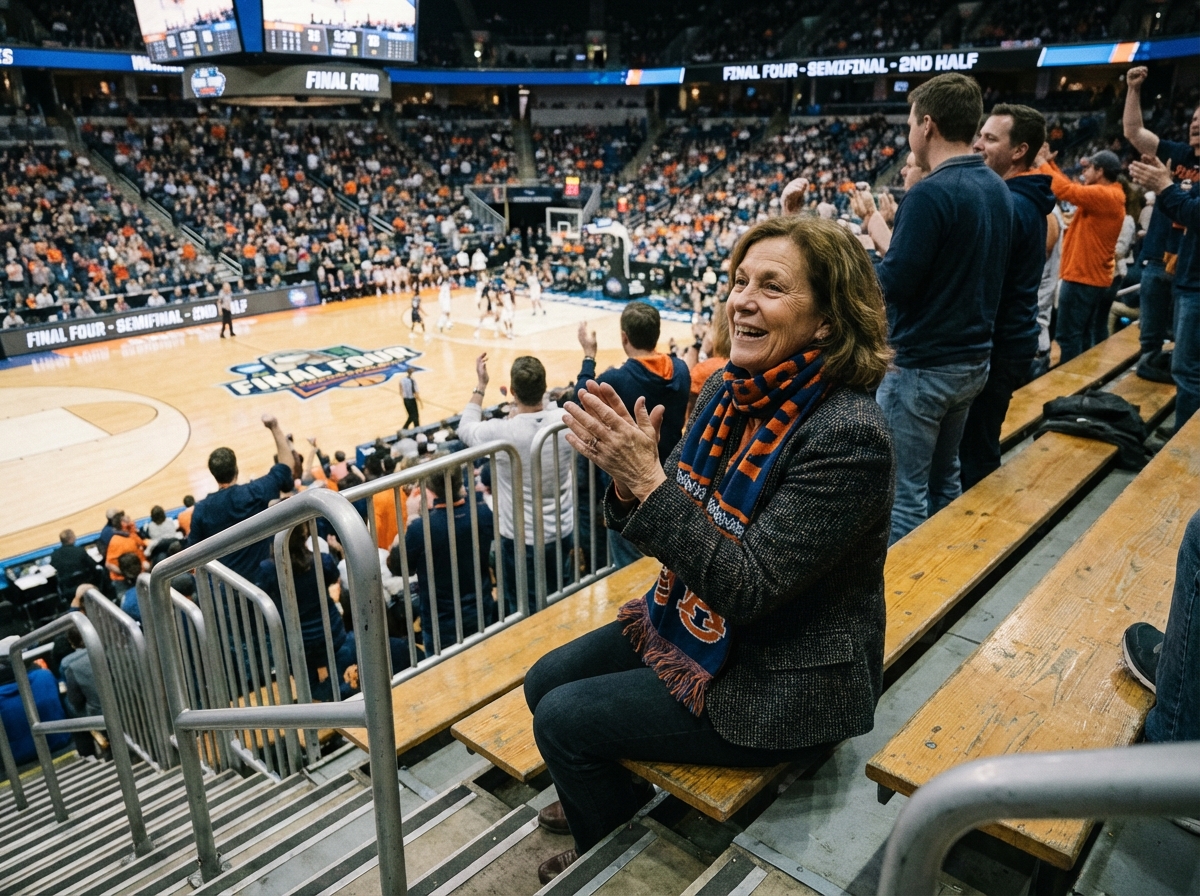Femme assise sur un banc de l arena applaudissant et souriant