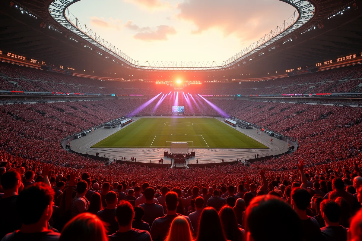 Vue panoramique du Stade de France lors d'un concert avec fosse debout sur le terrain et tribunes combles
