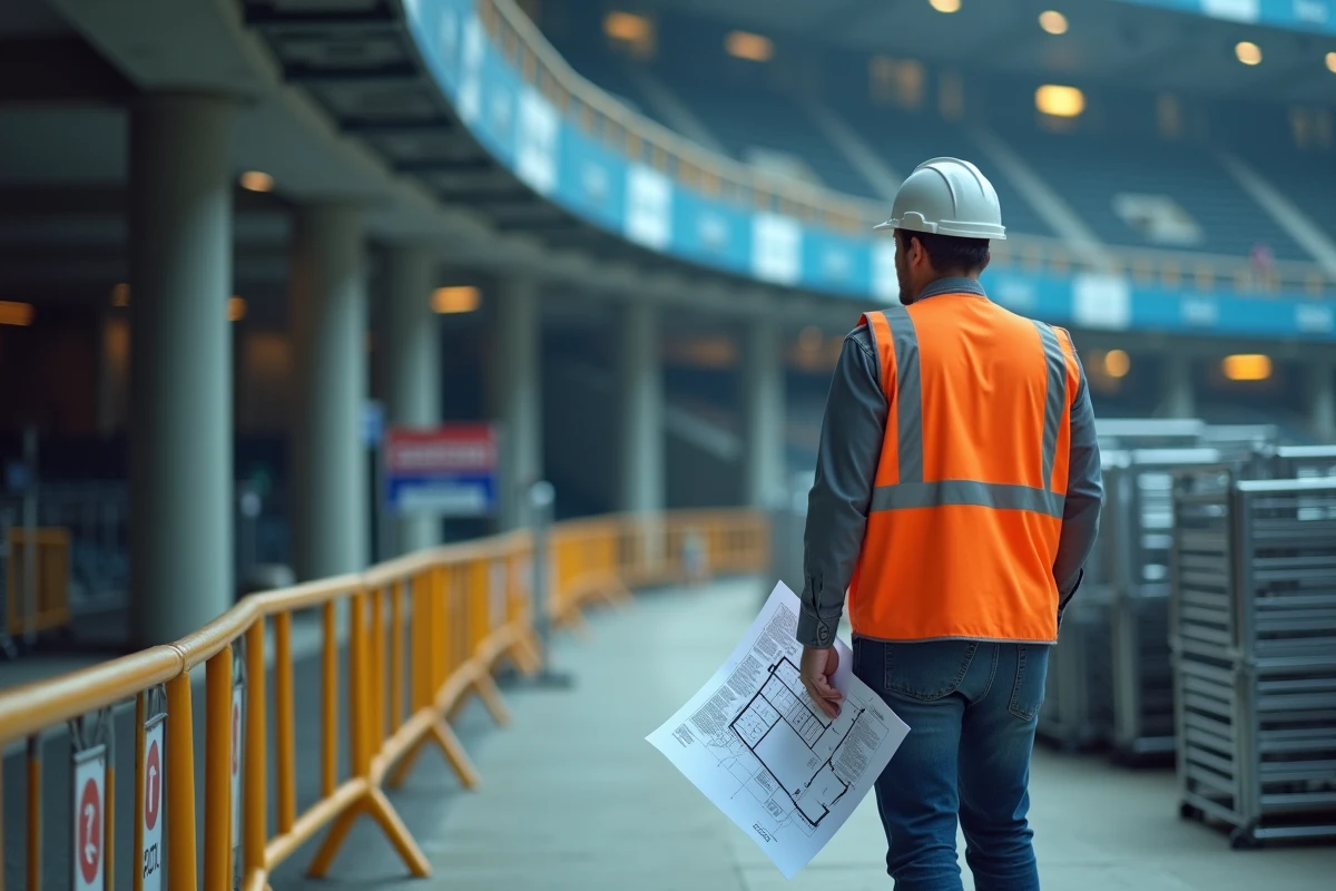Responsable logistique du Stade de France consultant le plan de configuration pour un concert avec barrières de sécurité