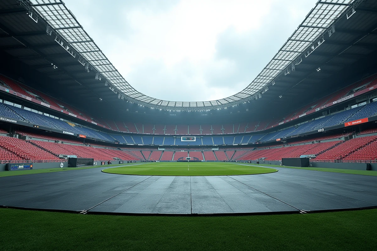 Terrain du Stade de France recouvert de plaques de protection pour l'installation d'une fosse de concert