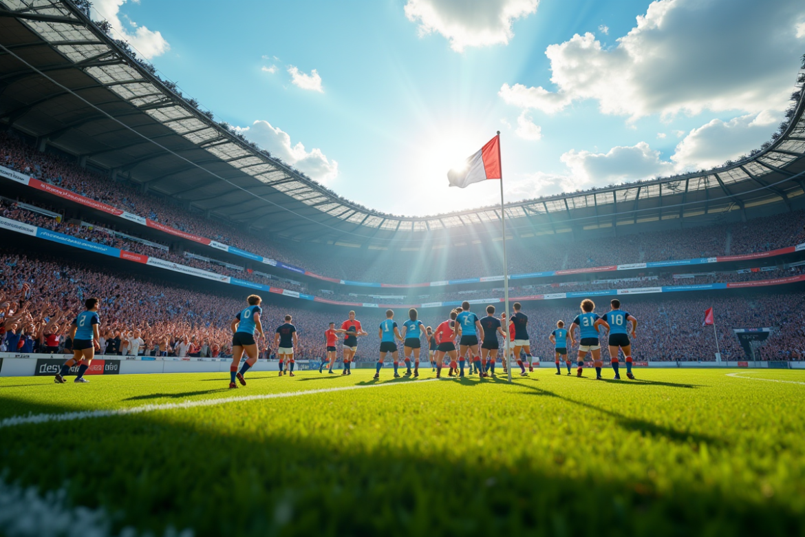 Stade de rugby bondé avec fans et deux équipes en action