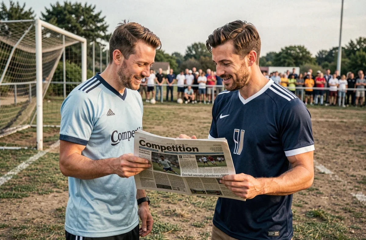 Deux supporters algériens discutant autour du journal Competition dz au bord d'un terrain de football