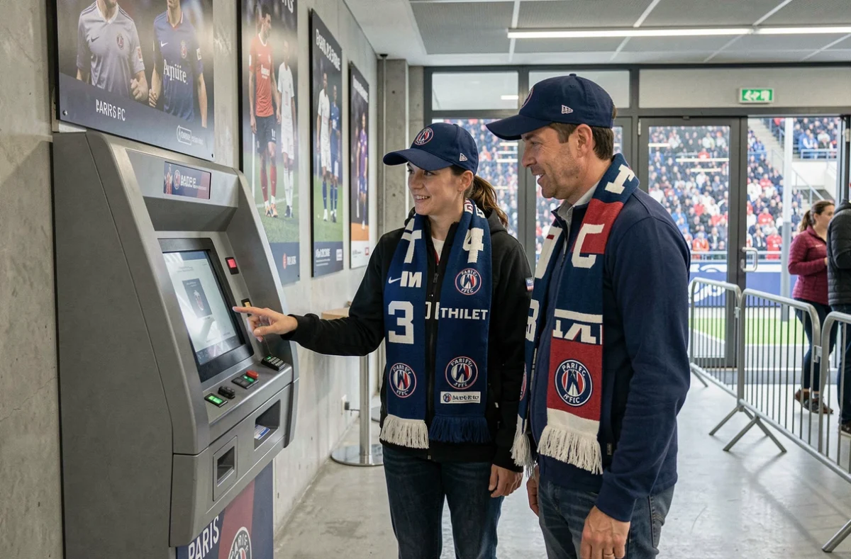 Groupe de supporters du Paris FC utilisant une borne automatique pour acheter des billets le jour du match dans le stade