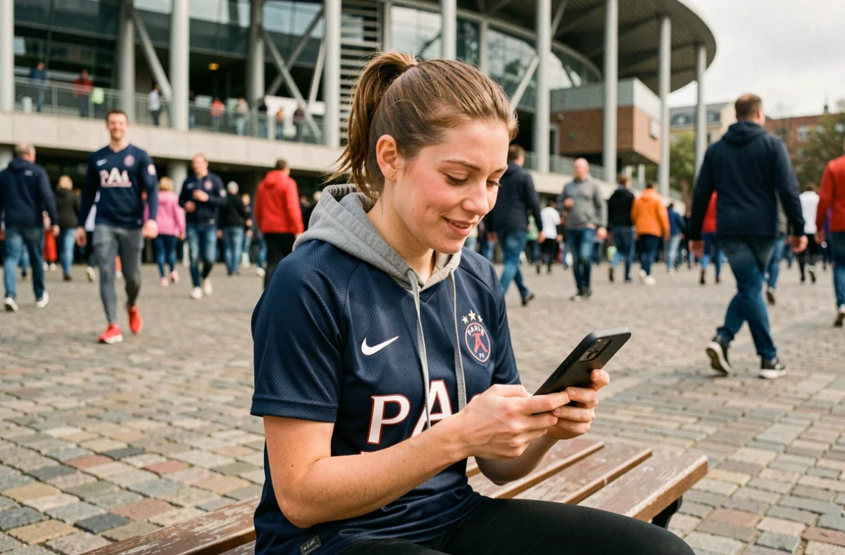 Supportrice du Paris FC consultant une application de billetterie sur son téléphone devant l'entrée du stade