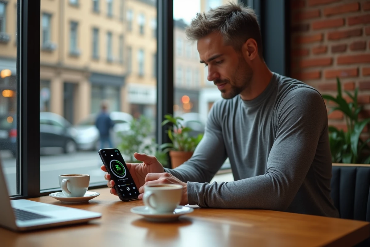 Homme testant deux applications de fitness sur des smartphones posés sur une table de café en milieu urbain