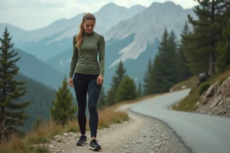 Coureuse en tenue de trail au départ d'un sentier de montagne, à la transition entre route et chemin rocheux