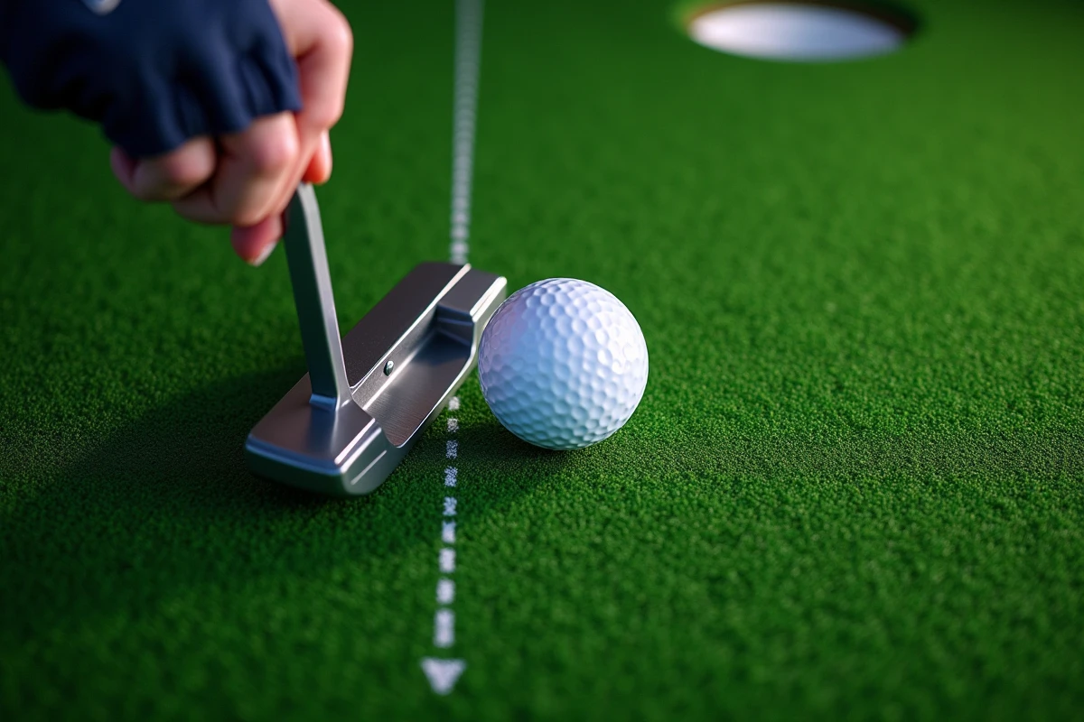 Vue en plongée d'un golfeur tenant un putter derrière une balle de golf sur un putting green artificiel, avec le trou visible en arrière-plan